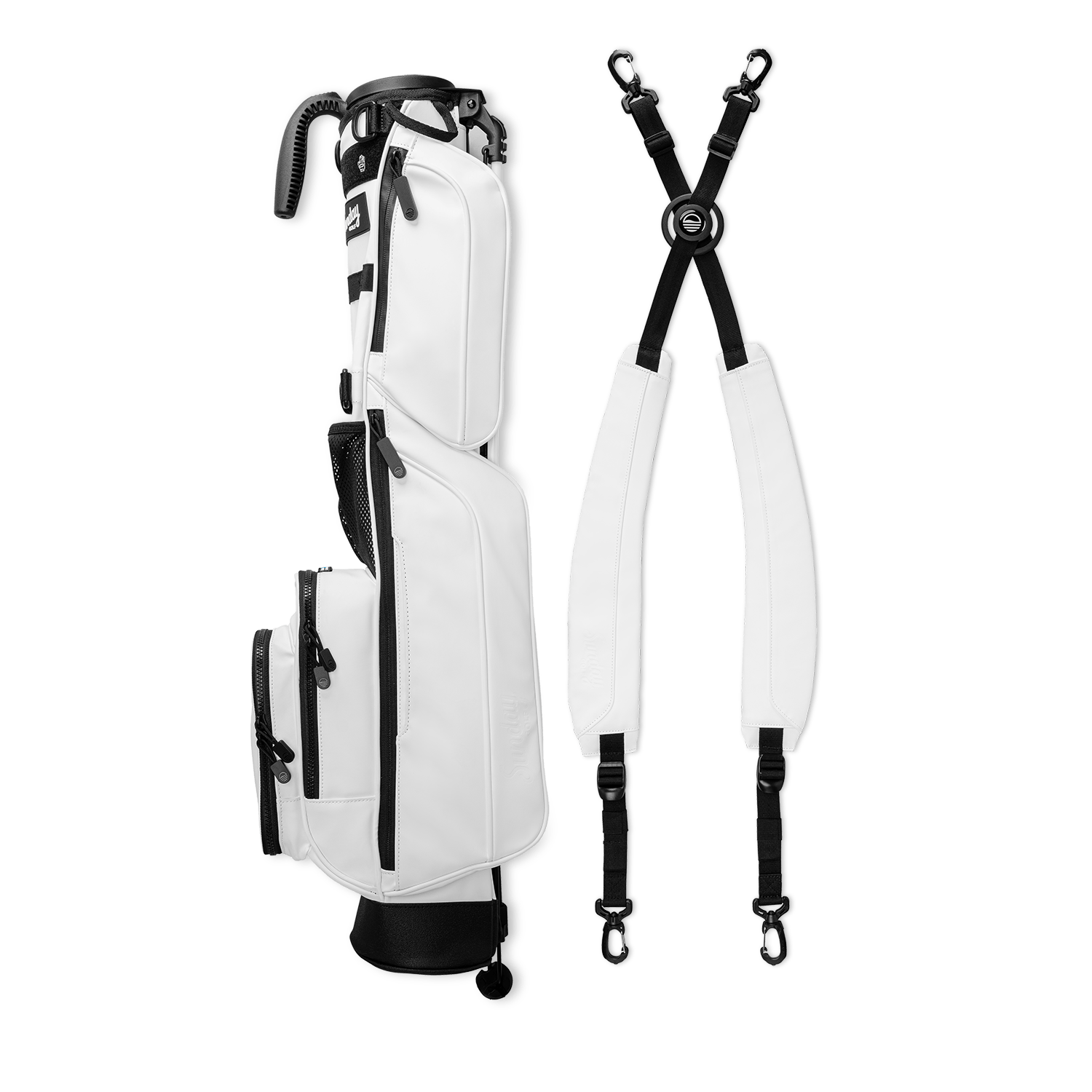A full shot of Loma XL S-Class golf bag in white vegan leather laying flat sideways beside its double strap