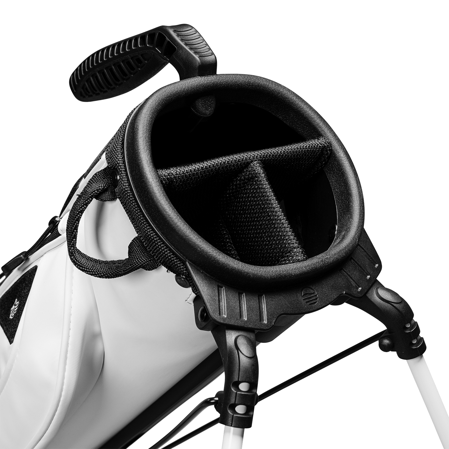 A close up top view of a white vegan leather Loma XL S-Class golf bag's 3-way divider