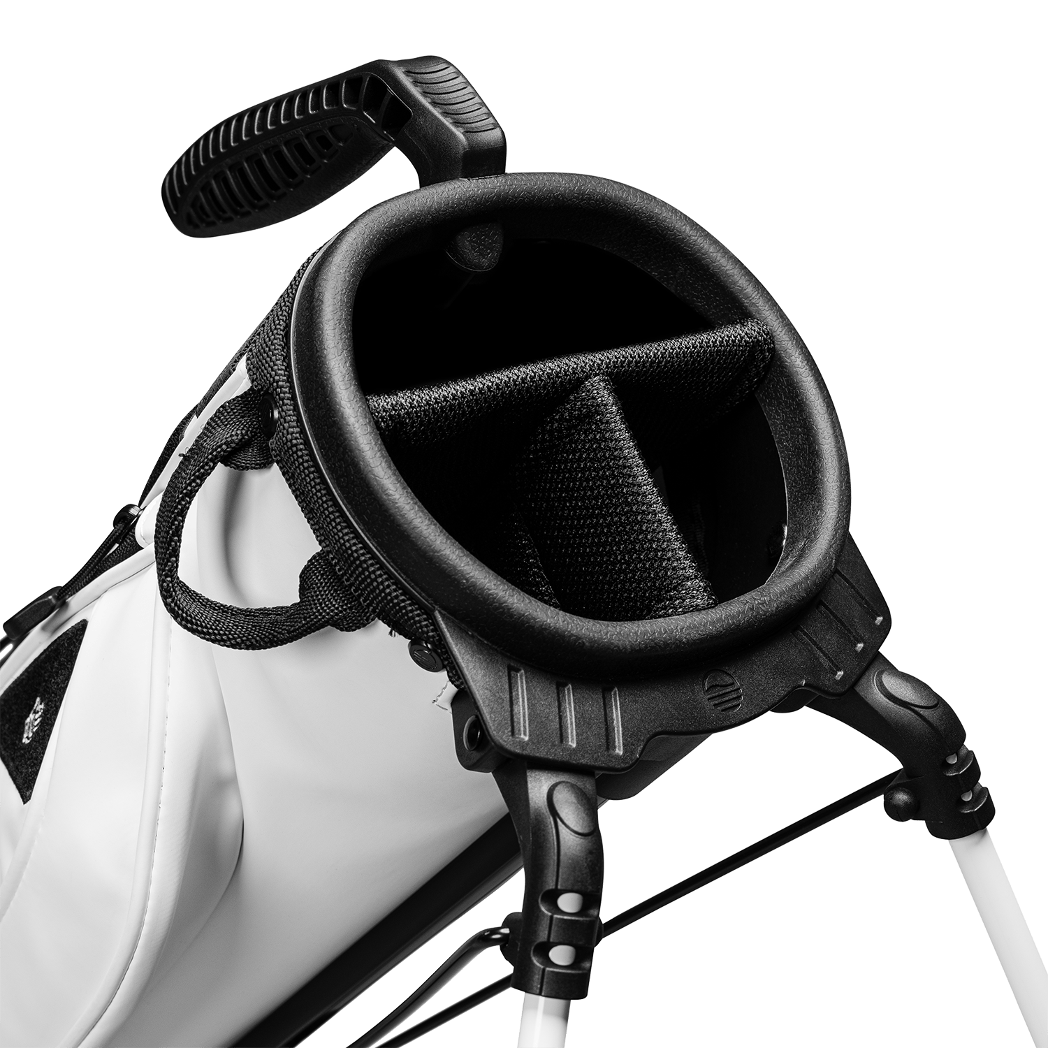 A close up top view of a white vegan leather Loma XL S-Class golf bag's 3-way divider