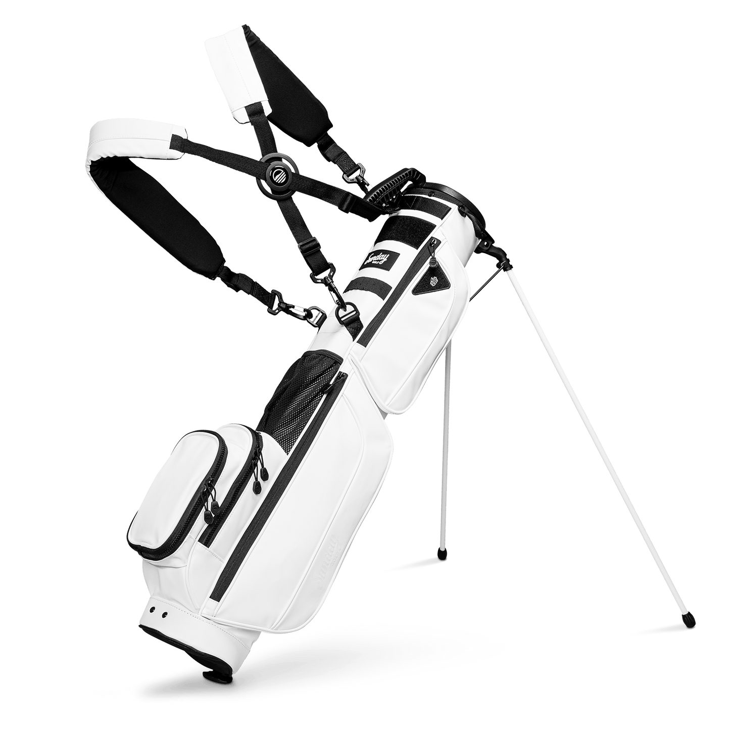 A full front shot of standing Loma XL S-Class golf bag in white vegan leather with double strap