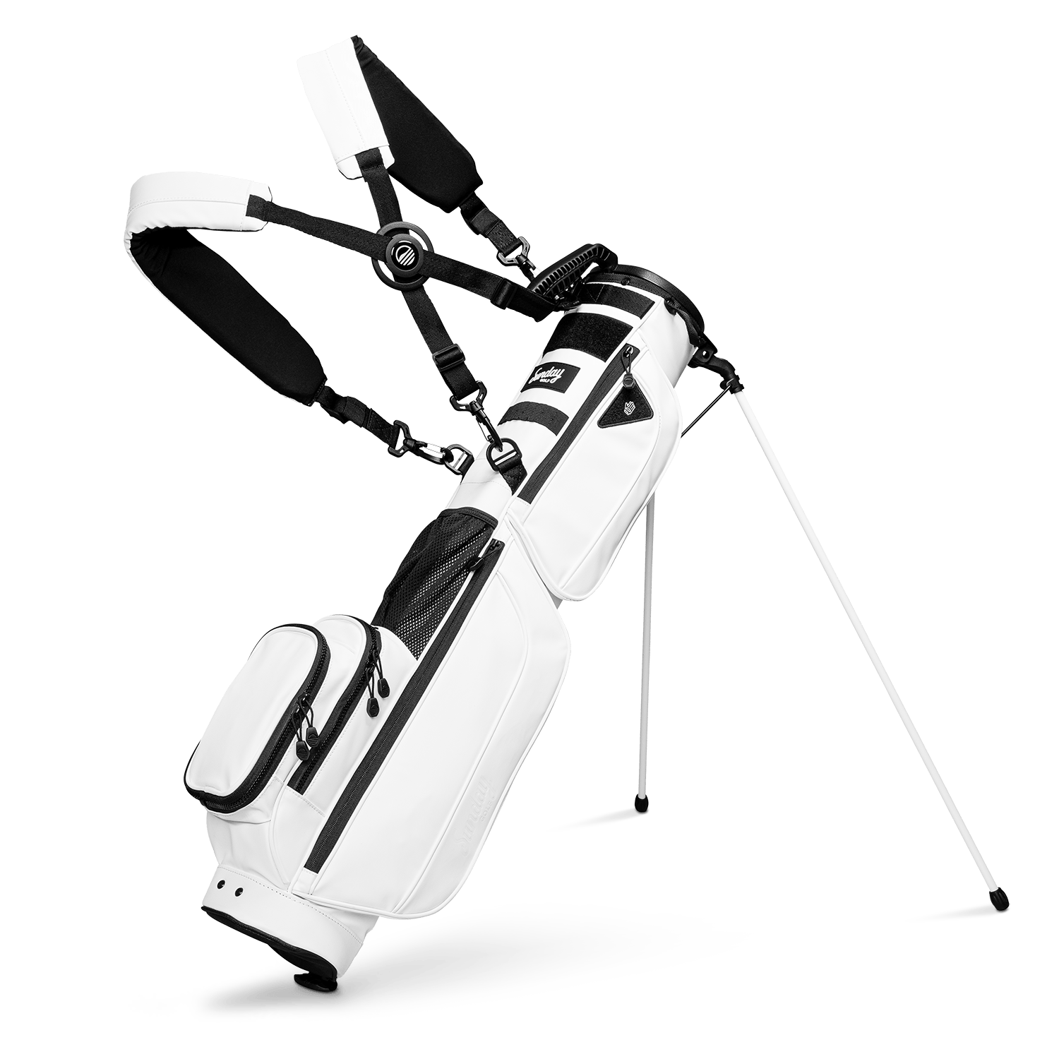 A full front shot of standing Loma XL S-Class golf bag in white vegan leather with double strap
