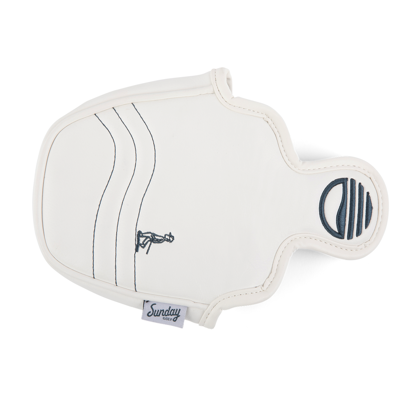 Top shot of mallet putter golf headcover in white and navy vegan leather