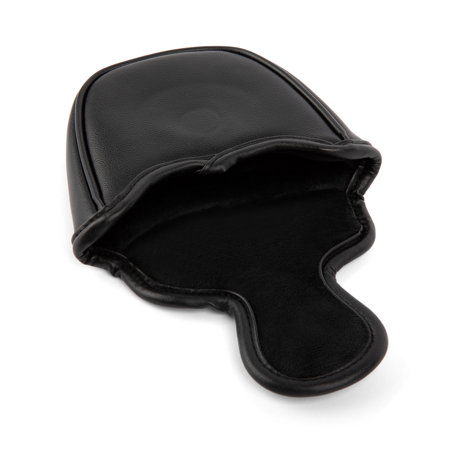 Inward shot of mallet putter golf headcover in black vegan leather