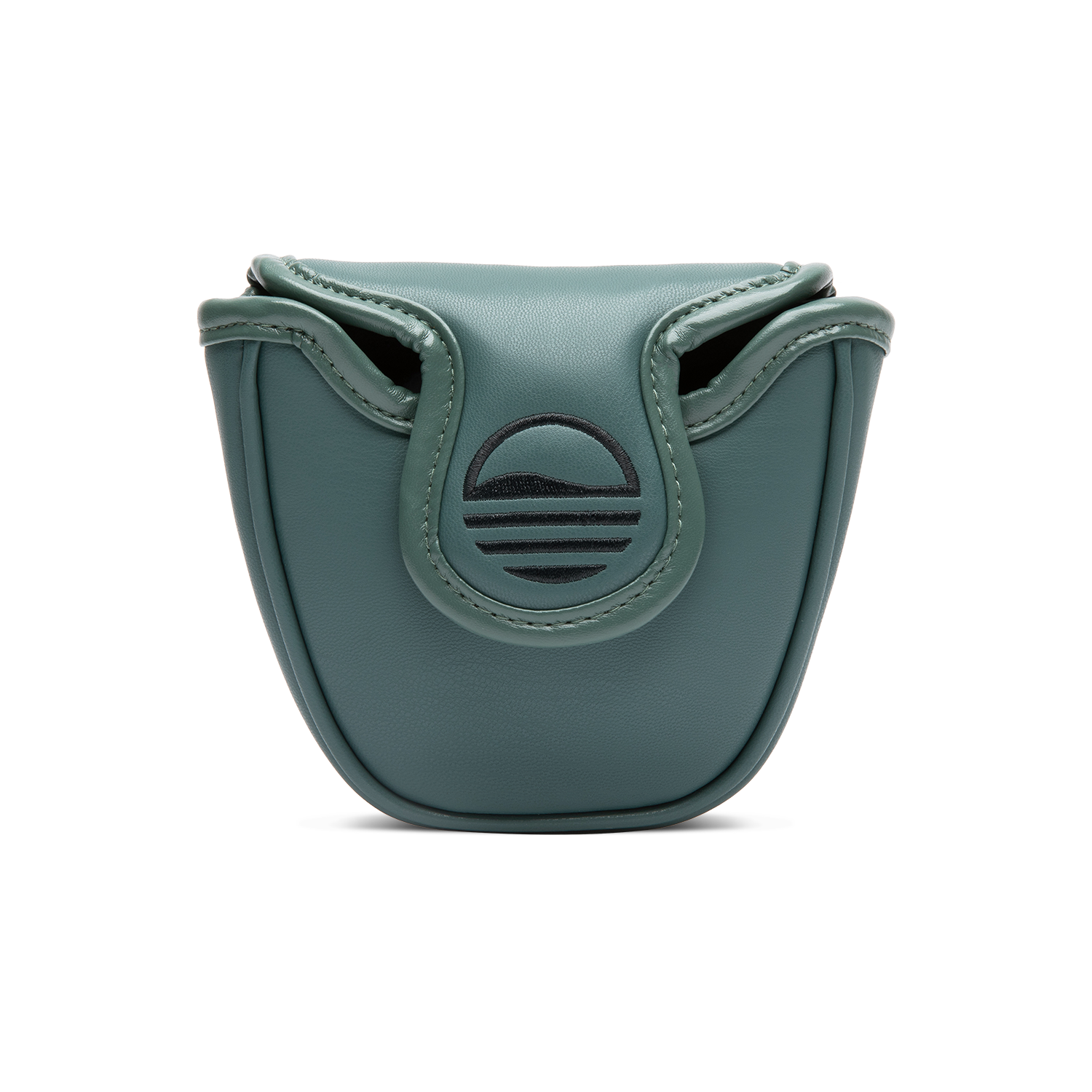 Front shot of mallet putter golf headcover in midnight green vegan leather