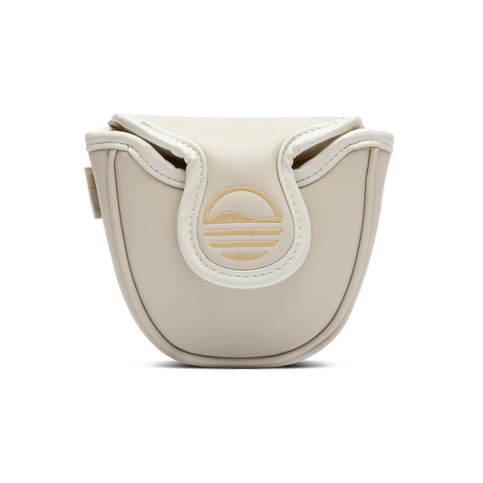 Front shot of mallet putter golf headcover in toasted almond vegan leather