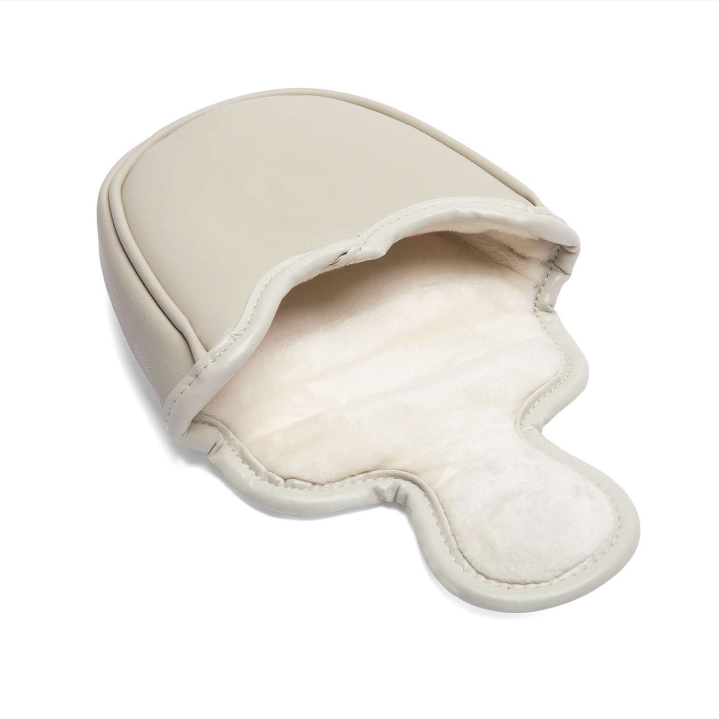 Inward shot of mallet putter golf headcover in toasted almond vegan leather