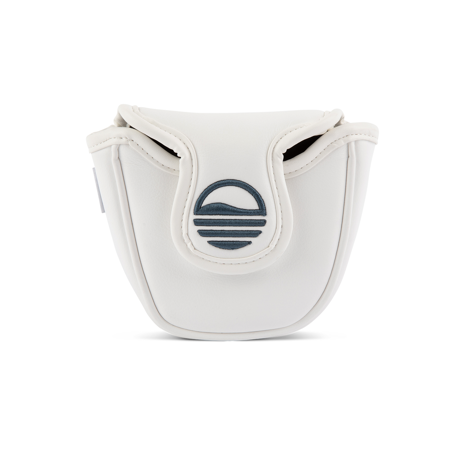 Front shot of mallet putter golf headcover in white and navy vegan leather