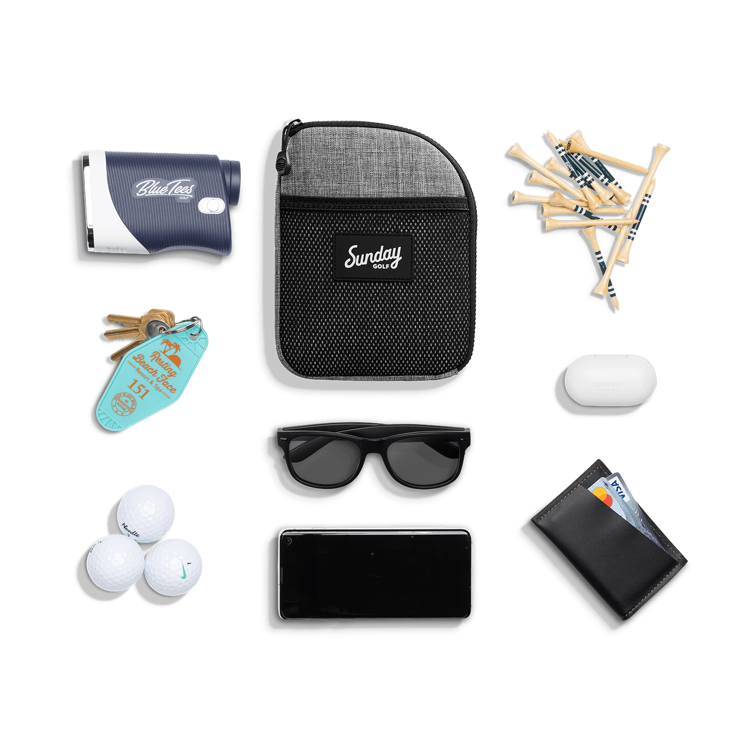 Heather gray nickel bag valuables pouch laying flat with items it can hold