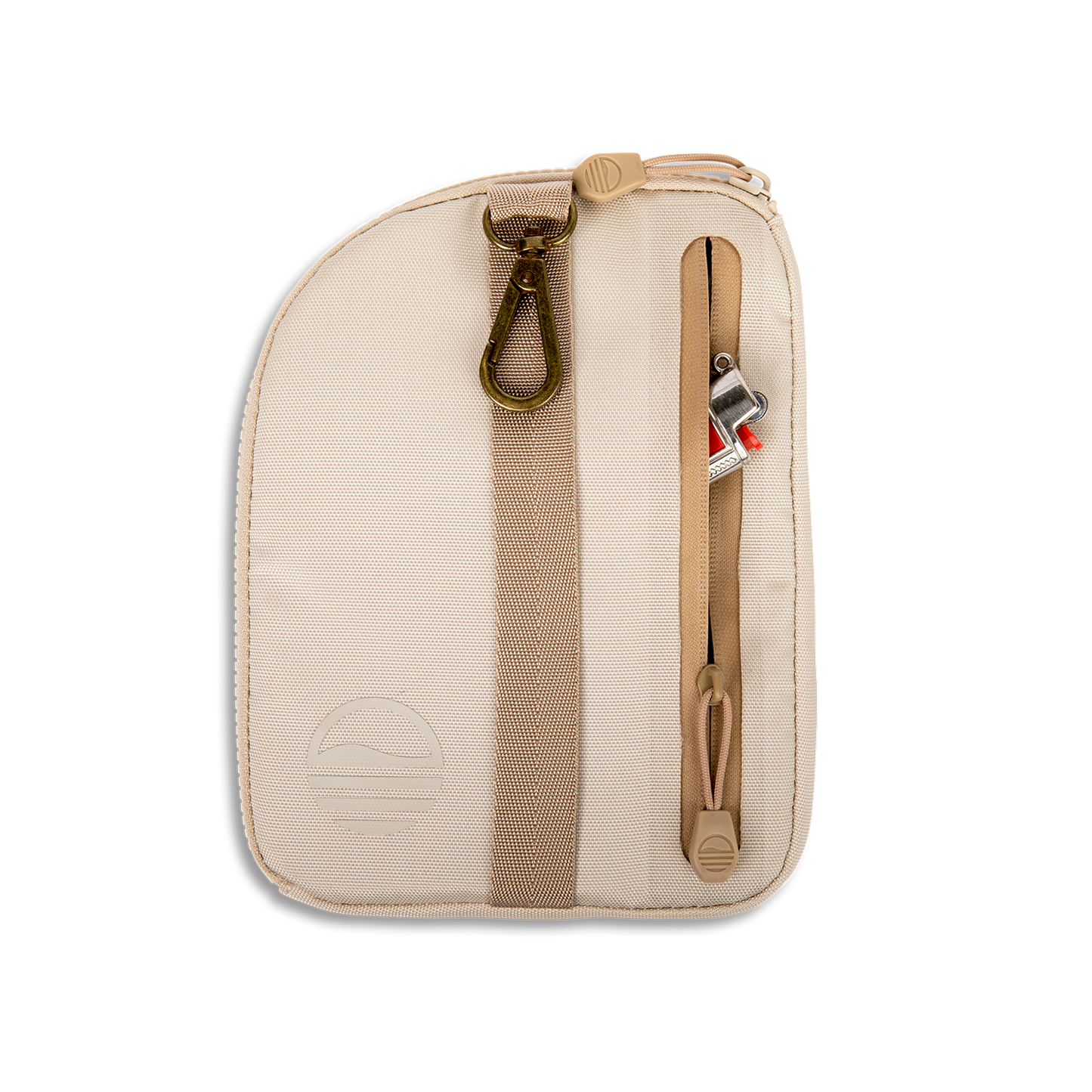 Rear view of toasted almond nickel bag valuables pouch unzipped with a lighter showing from inside