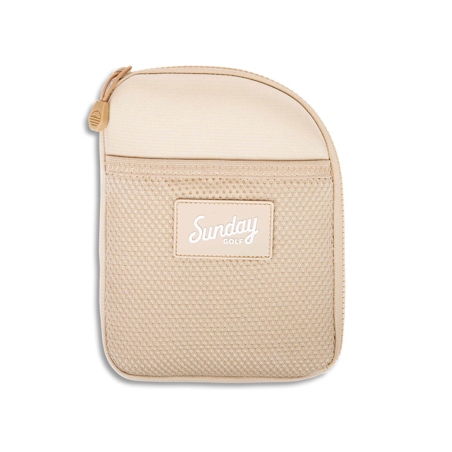 Front shot of toasted almond nickel bag valuables pouch that can be paired with golf bag