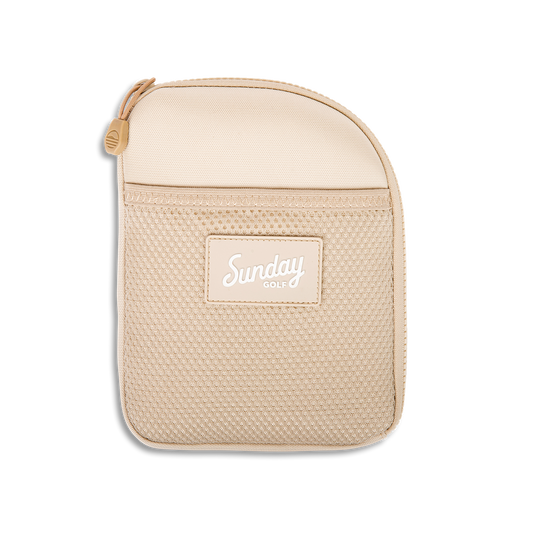 Front shot of toasted almond nickel bag valuables pouch that can be paired with golf bag