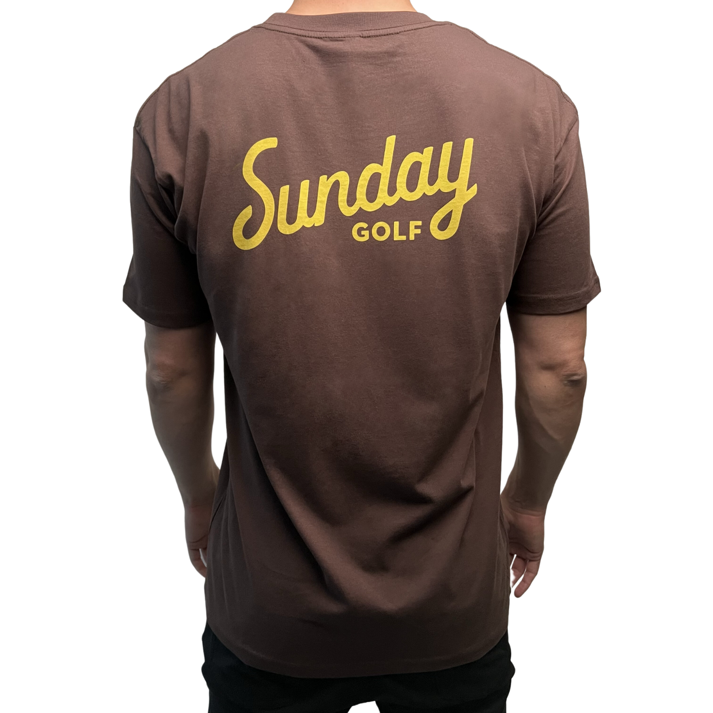 Sunday Golf's Classic Tee in brown and has yellow text logo back shot