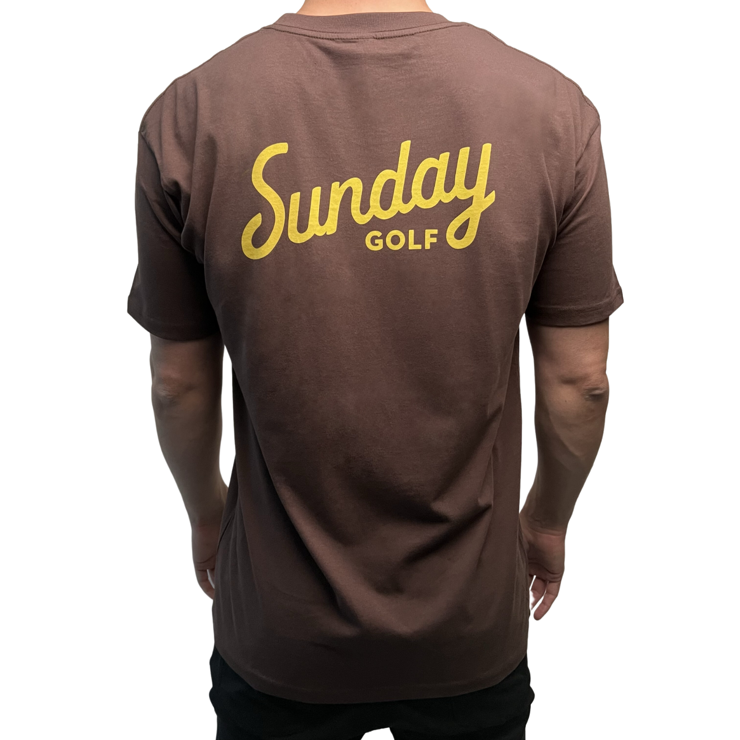 Sunday Golf's Classic Tee in brown and has yellow text logo back shot