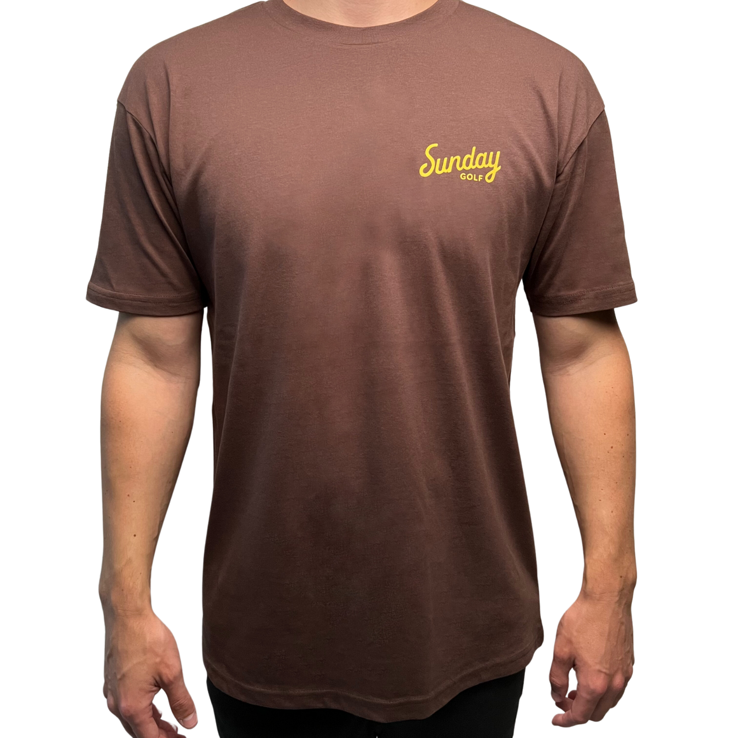 Sunday Golf's Classic Tee in brown and has yellow text logo front shot