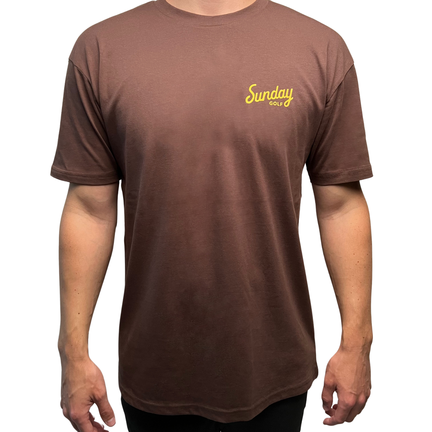 Sunday Golf's Classic Tee in brown and has yellow text logo front shot