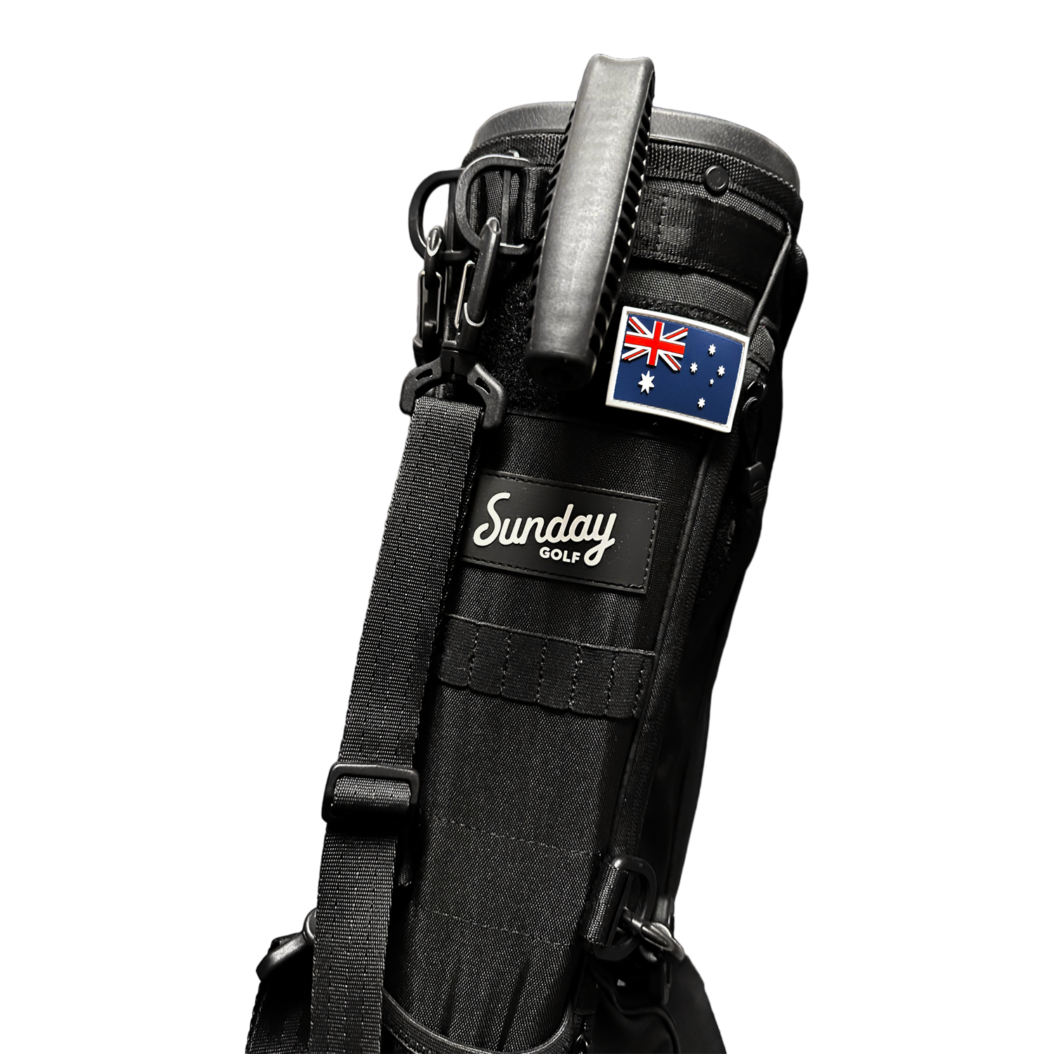 Black Loma golf bag with Australian flag patch on it