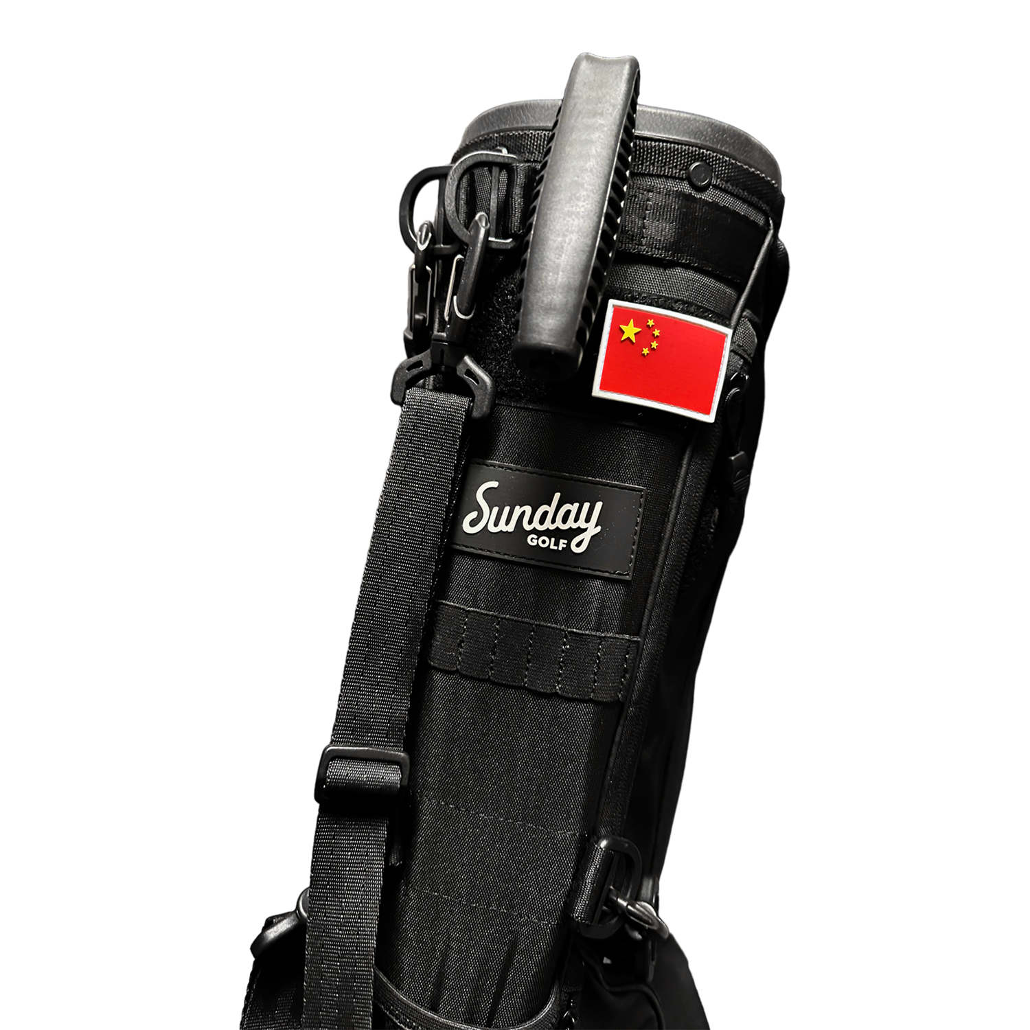 Black Loma golf bag with Chinese flag patch on it
