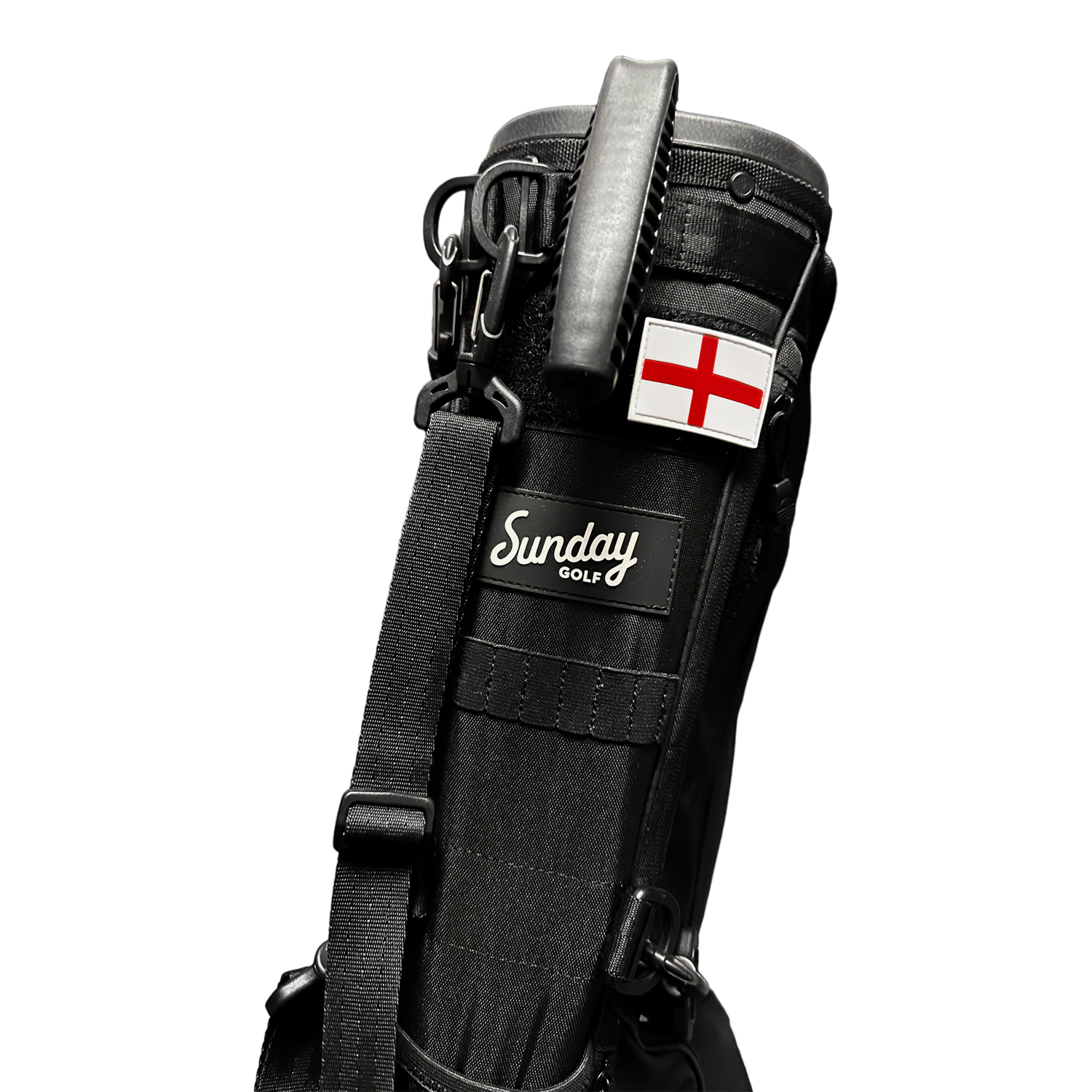 Black Loma golf bag with England flag patch on it