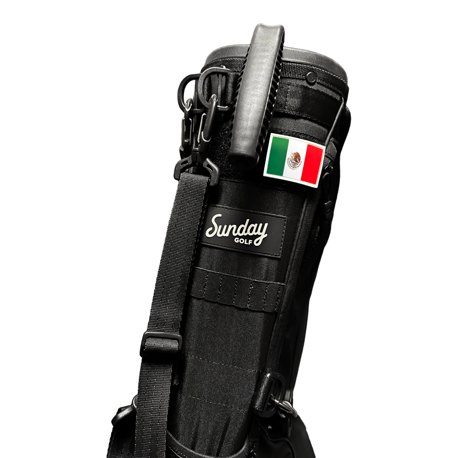 Black Loma golf bag with Mexican flag patch on it