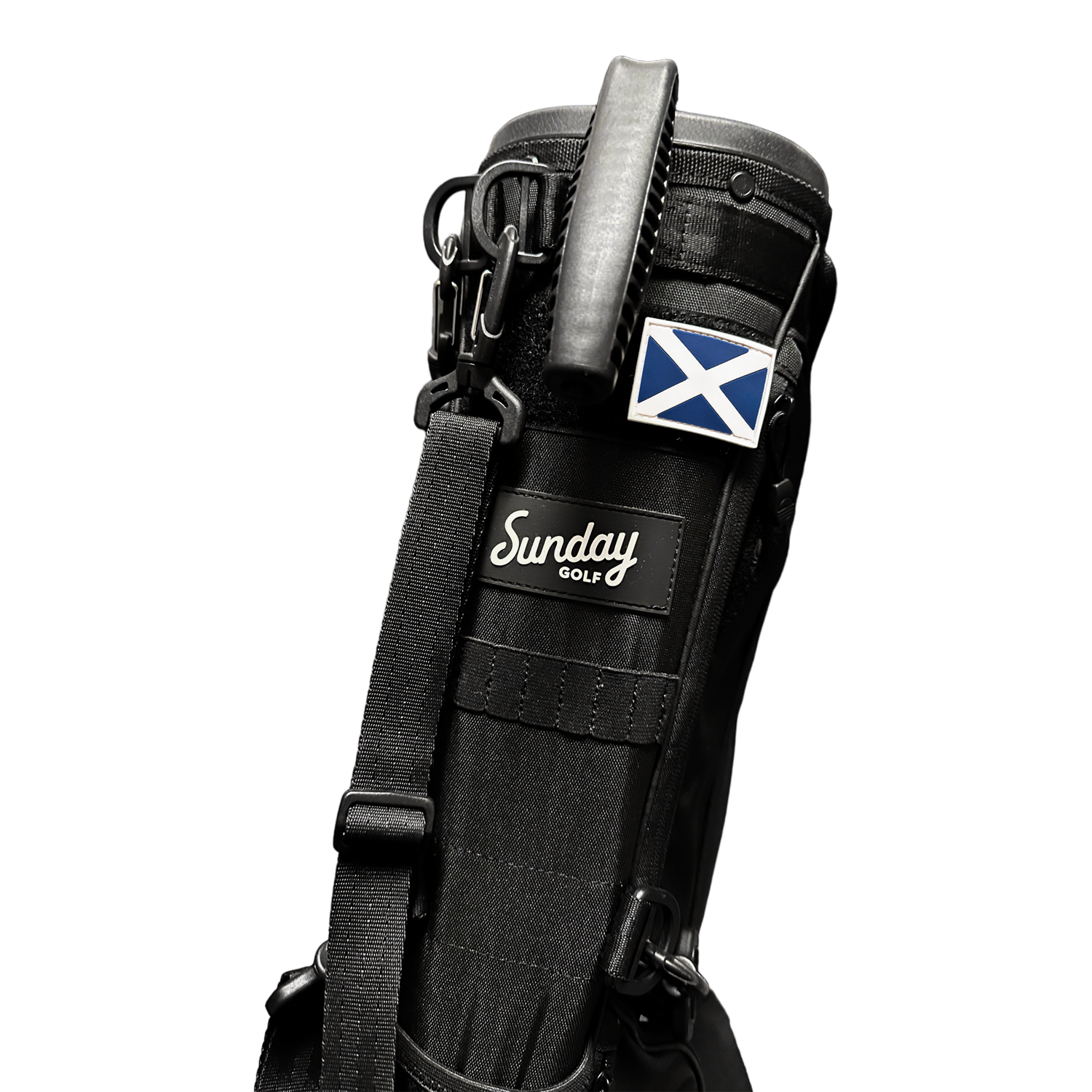 Black Loma golf bag with Scotland flag patch on it