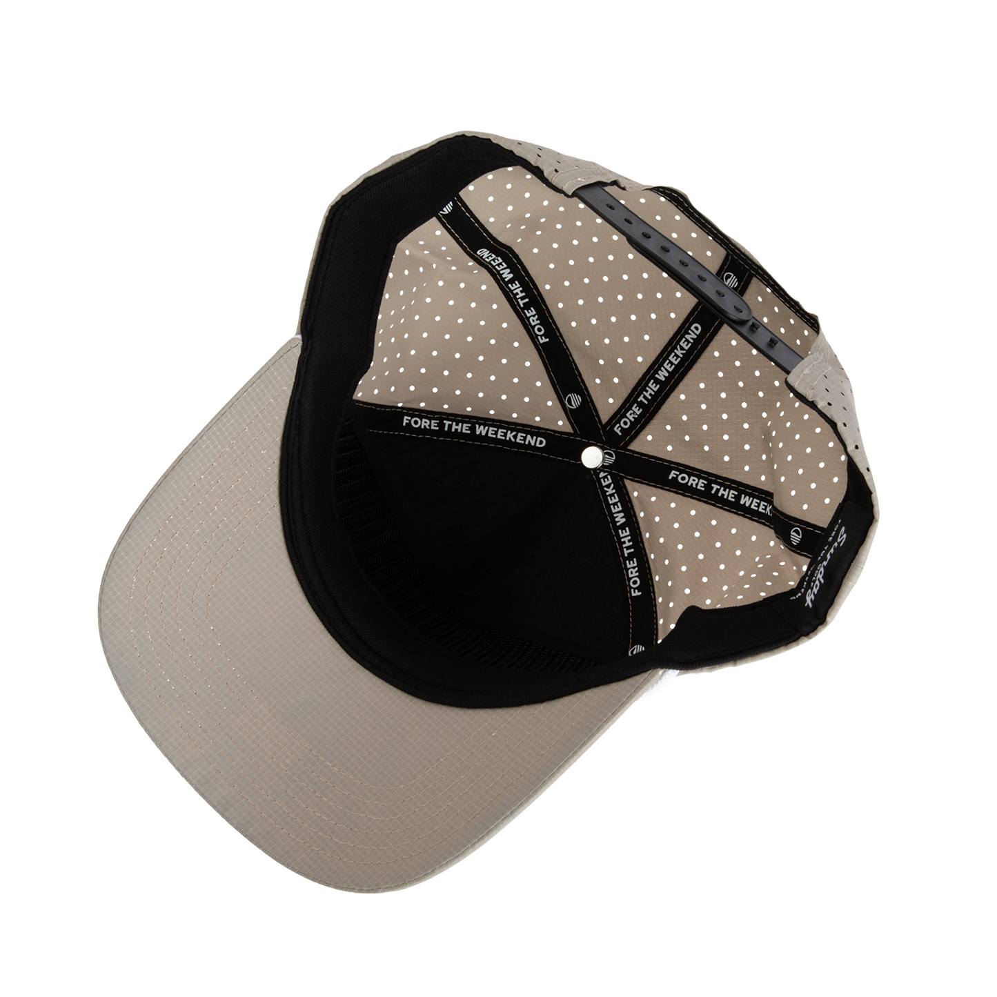 Upside down shot of tan Porter snapback golf hat