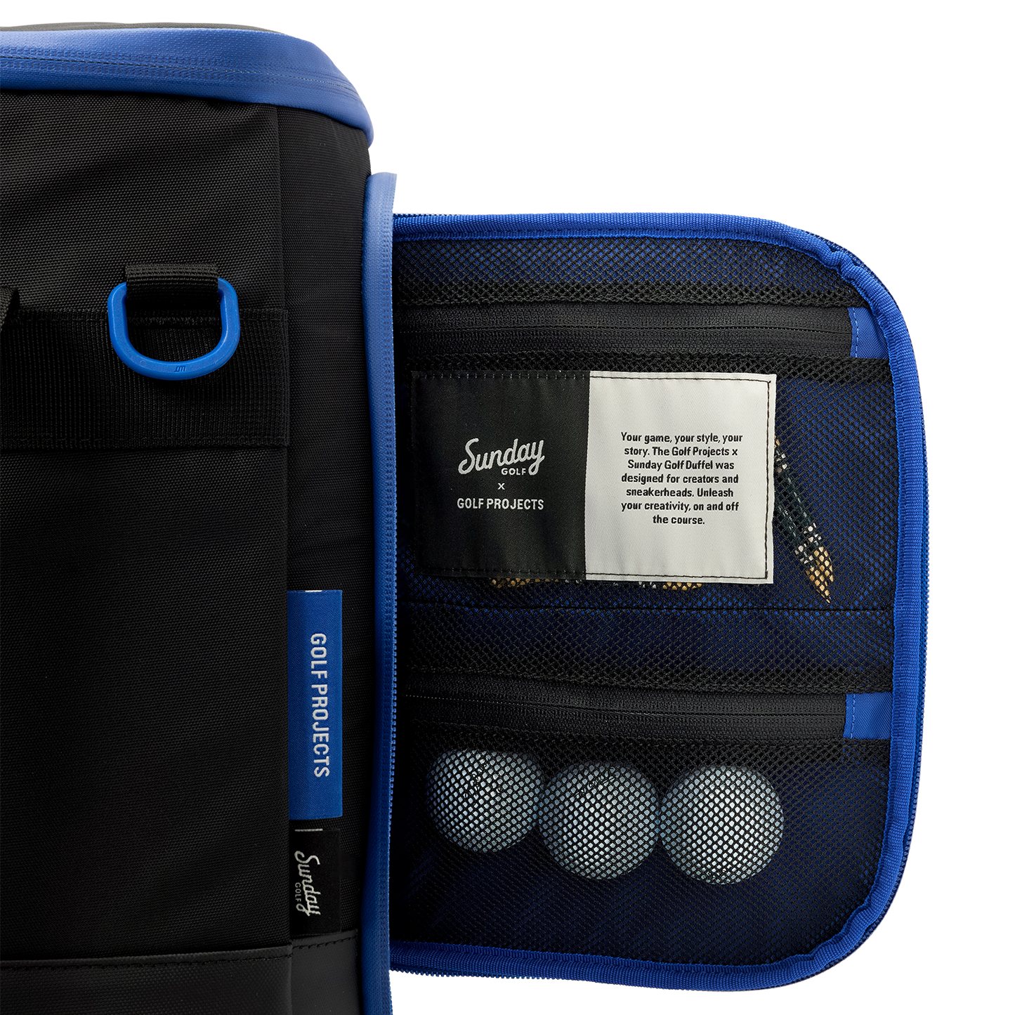 Sunday Golf's Creator Duffle Bag Blue with golf balls inside, featuring Sunday Golf Projects.