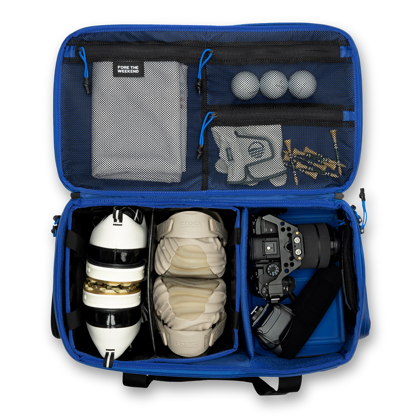 Sunday Golf's Creator Duffle Bag Blue showcasing compartments containing sports equipment