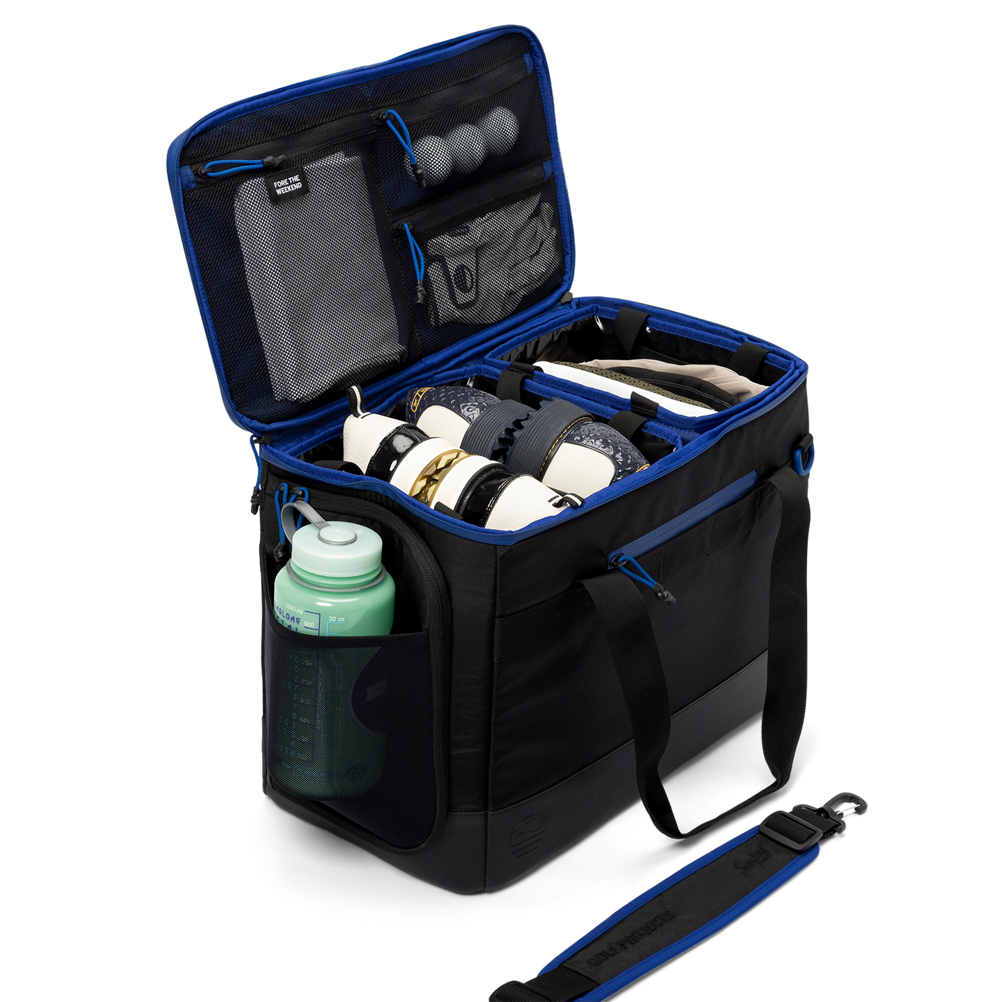 Sunday Golf's Creator Duffle Bag Blue showcasing multi-compartment bag with open lid
