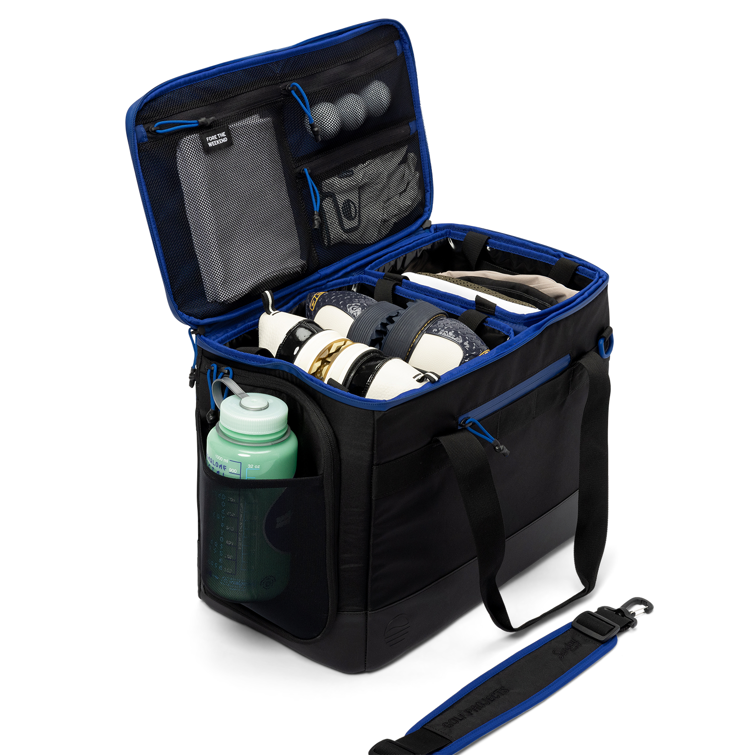 Sunday Golf's Creator Duffle Bag Blue showcasing multi-compartment bag with open lid