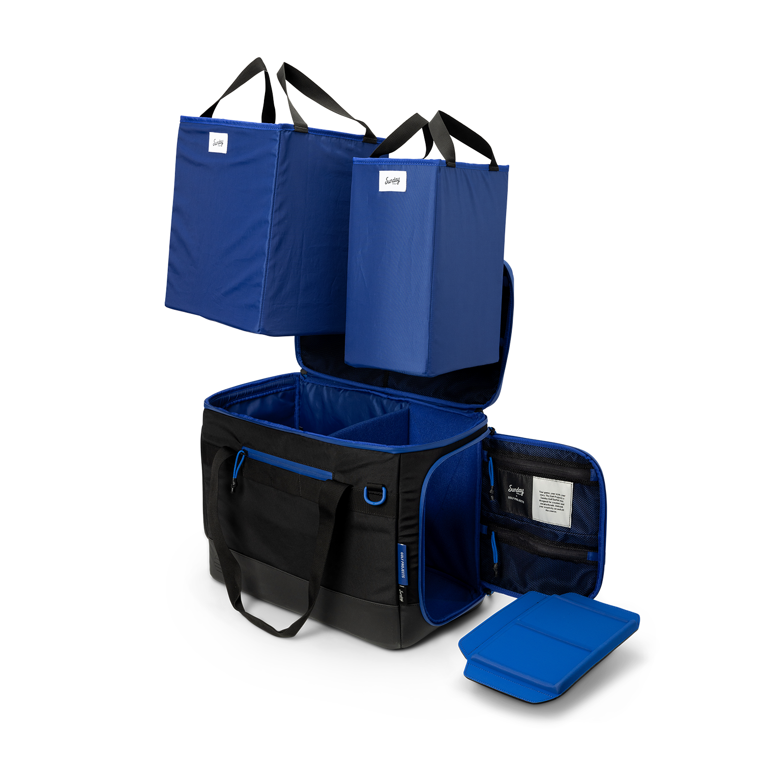 Sunday Golf's Creator Duffle Bag Blue showcasing multi-compartment bag with open lid