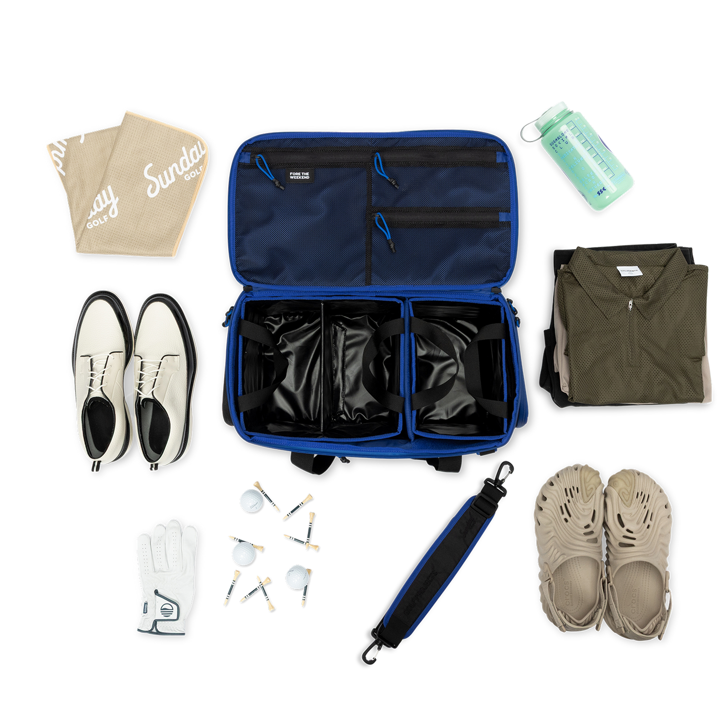 Sunday Golf's Creator Duffle Bag Blue showcasing Collection of travel items including shoes, clothing, and accessories