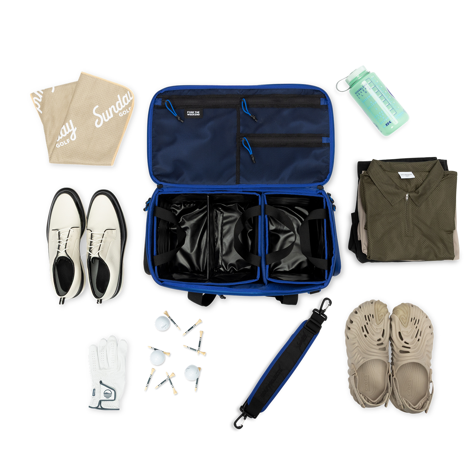 Sunday Golf's Creator Duffle Bag Blue showcasing Collection of travel items including shoes, clothing, and accessories