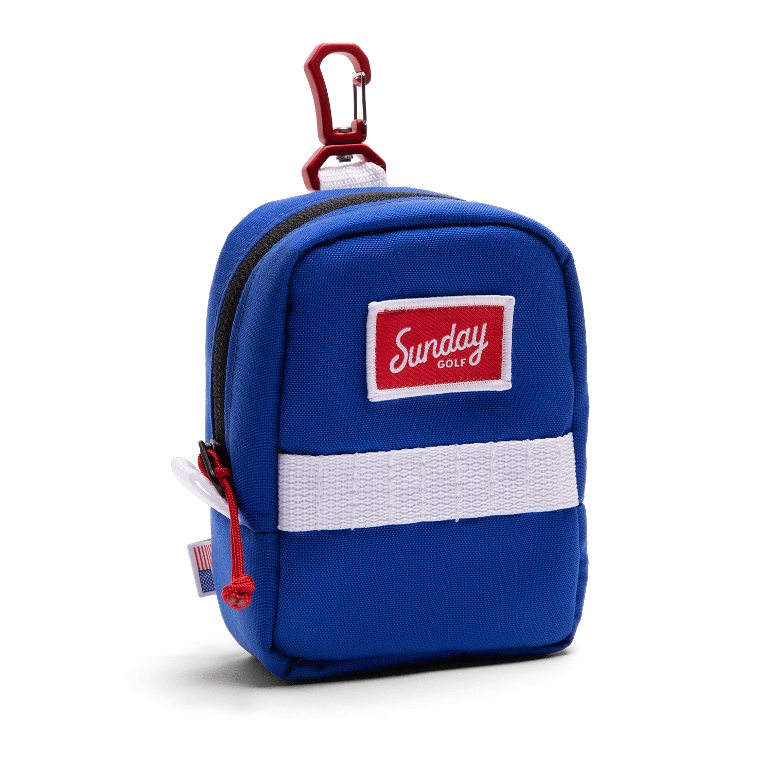 Left side shot of blue red white range finder pouch with hook