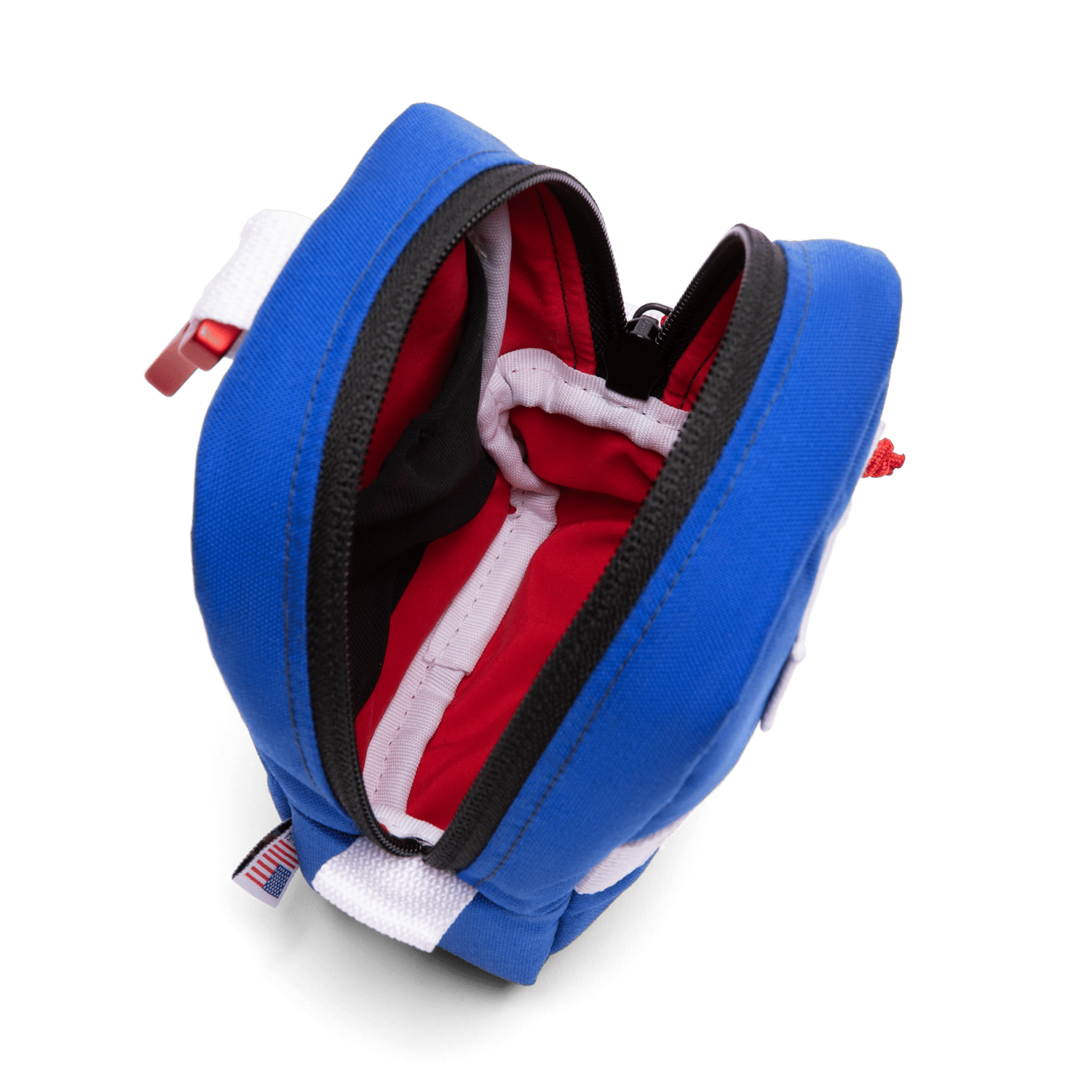 Range Finder pouch on blue, white and red showing the inside of the bag