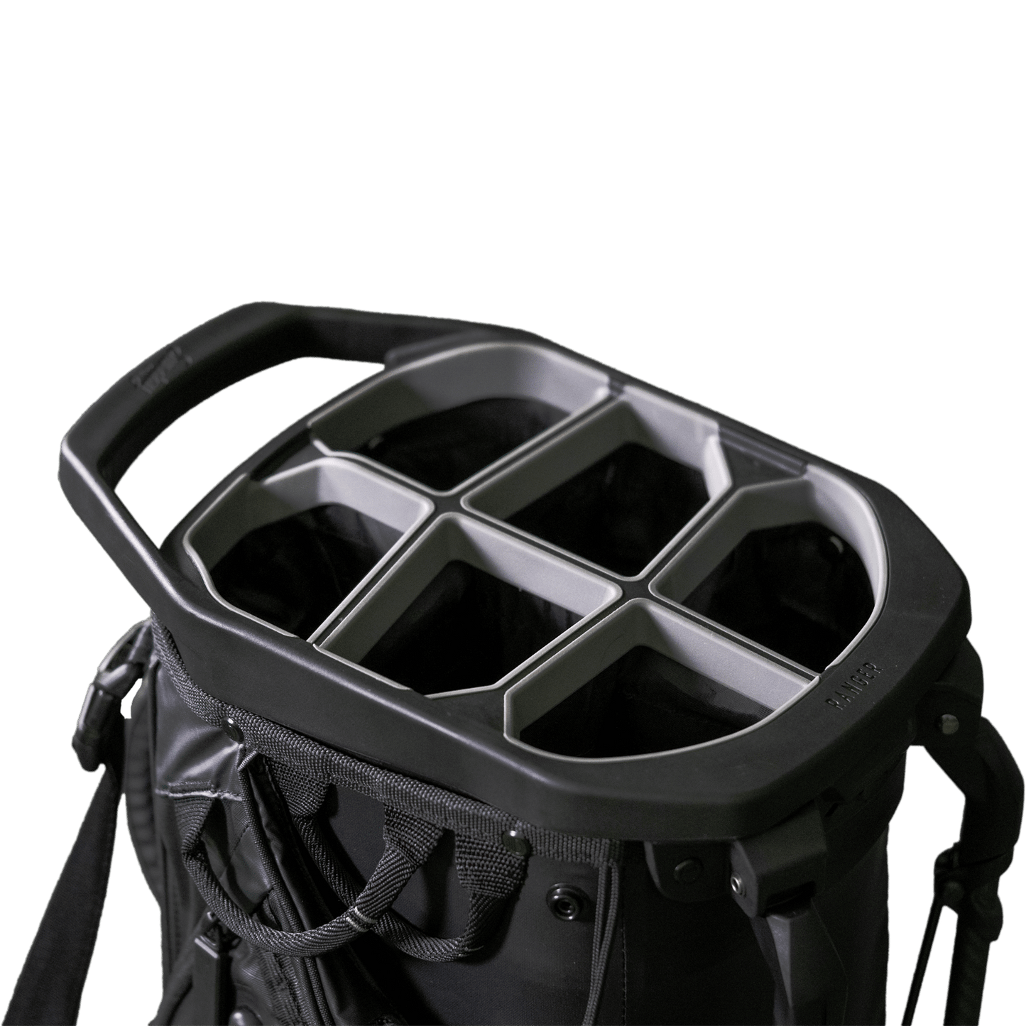 A close up top view of a black Ranger golf bag’s 6-way divider