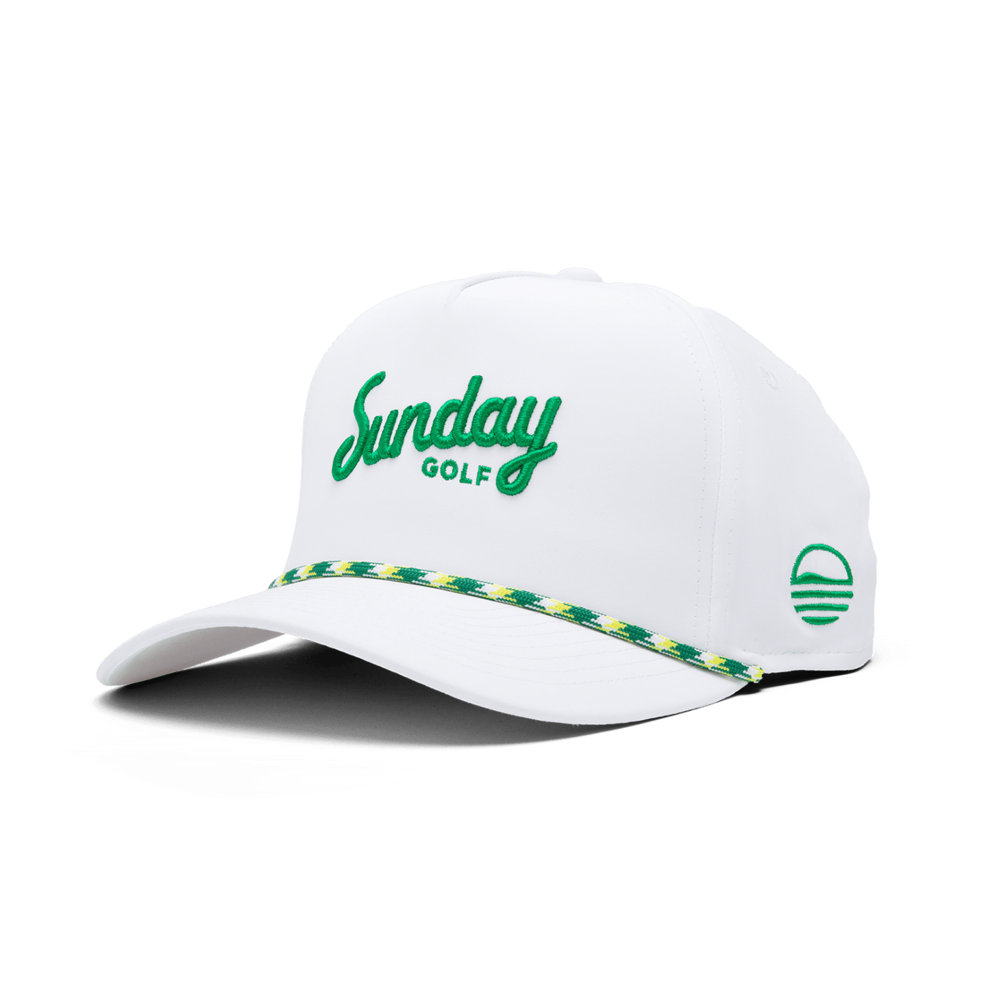 Front shot of green and yellow rope golf hat