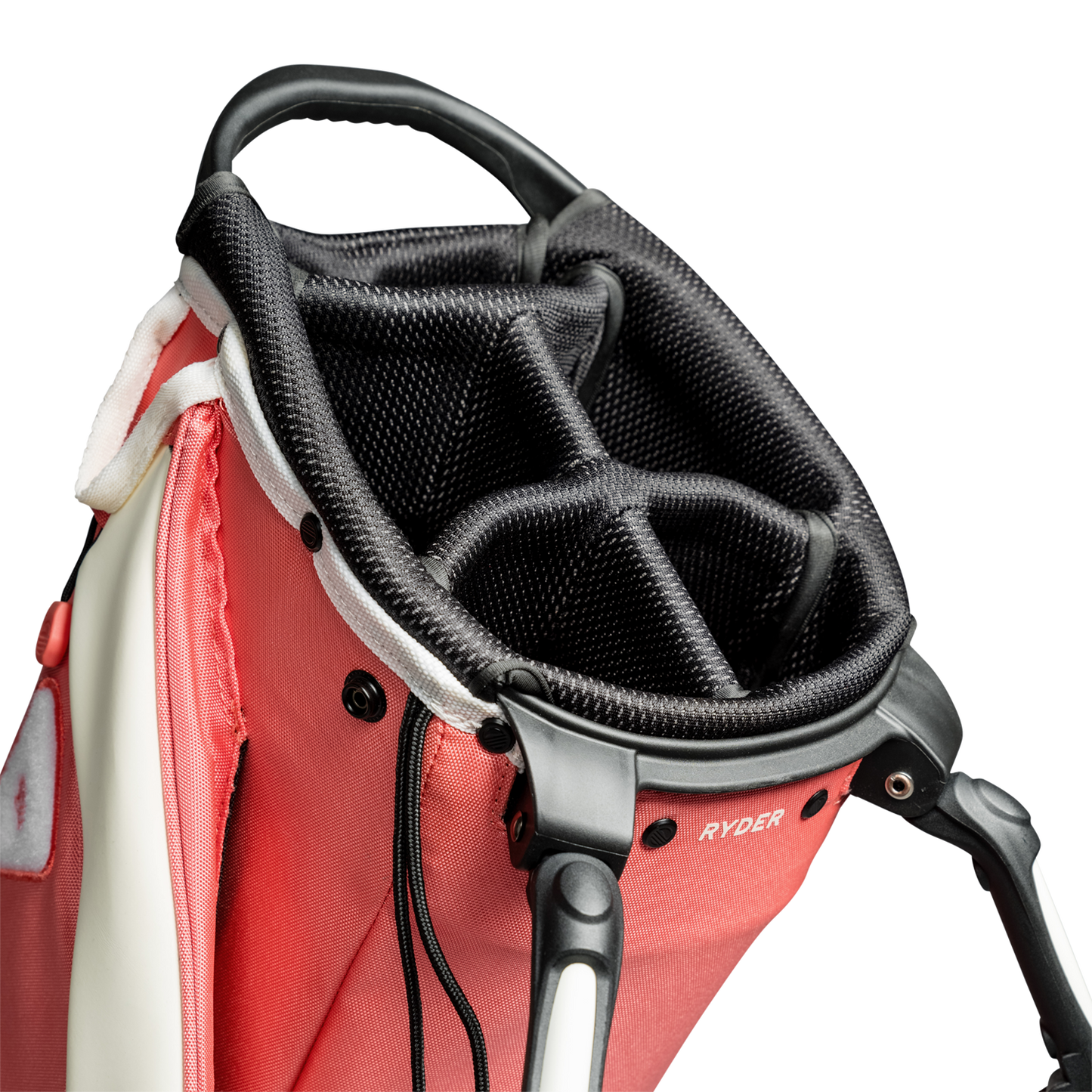 A close up top view of a coral Ryder golf bag’s 5-way divider