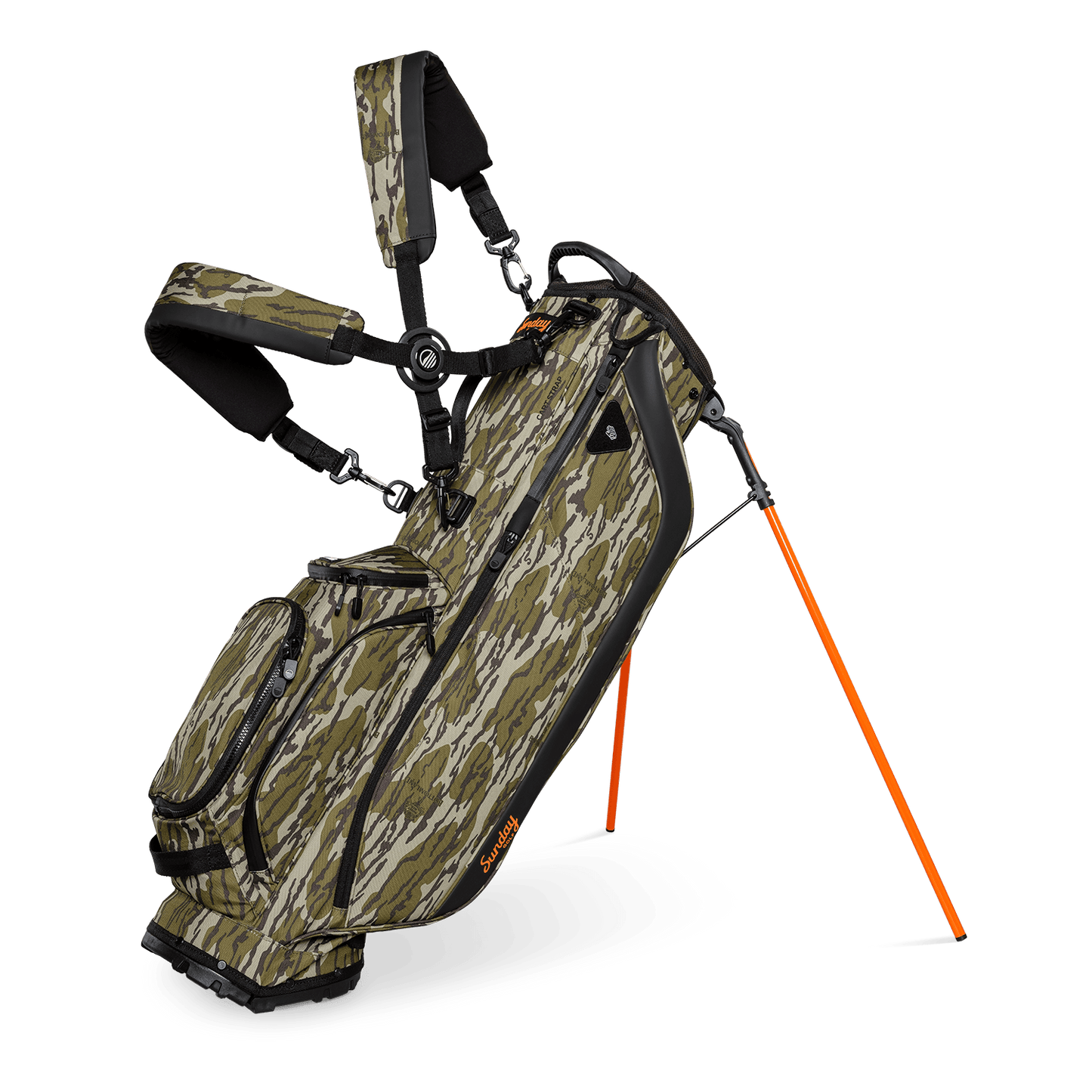 A full front shot of standing Ryder golf bag in mossy oak bottomland with double strap