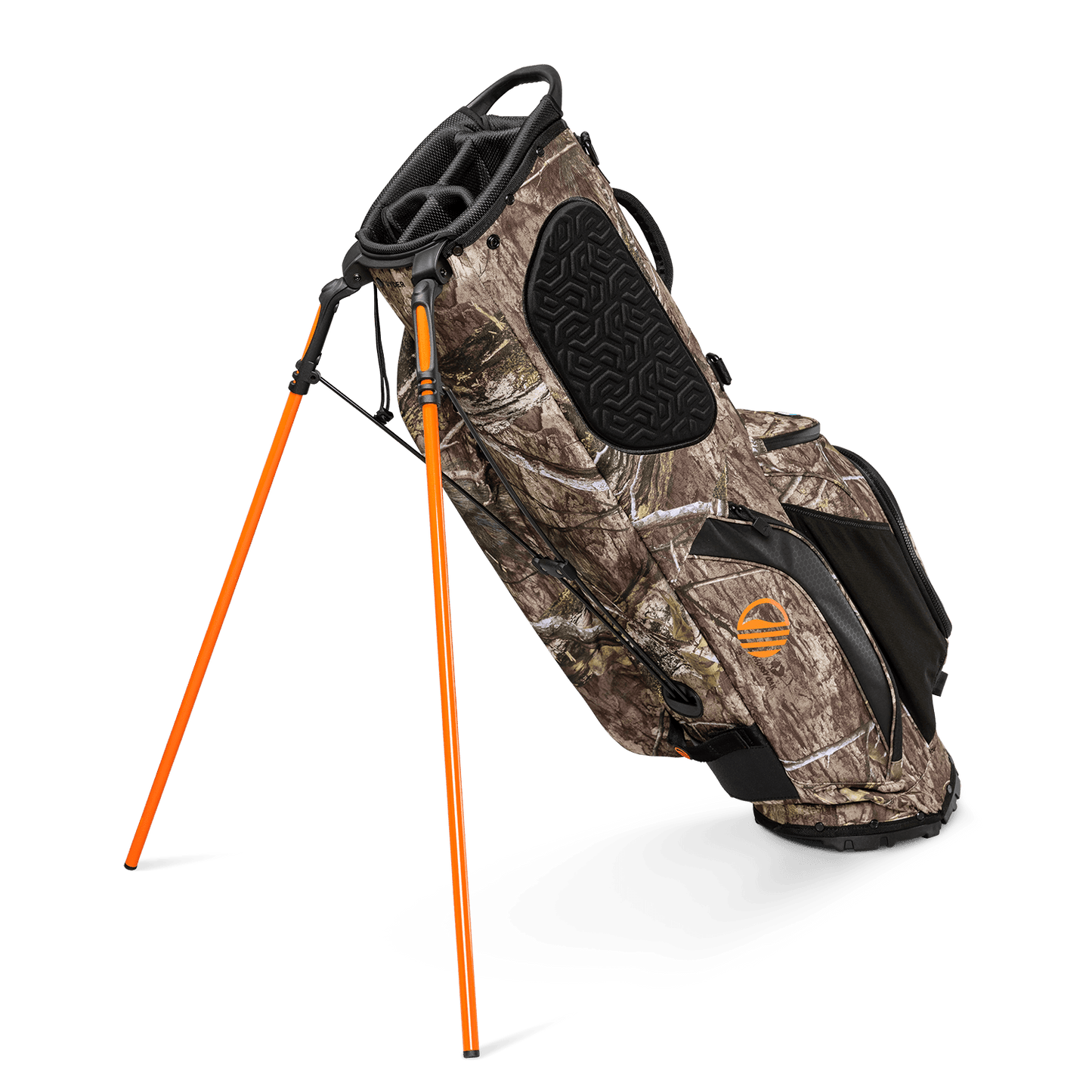 A full shot of standing Ryder golf bag in mossy oak country dna facing backward