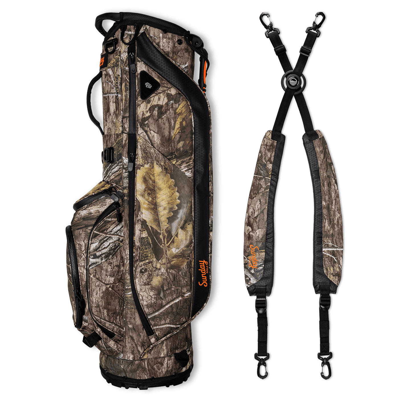 A full shot of Ryder golf bag in mossy oak country dna laying flat sideways beside its double strap