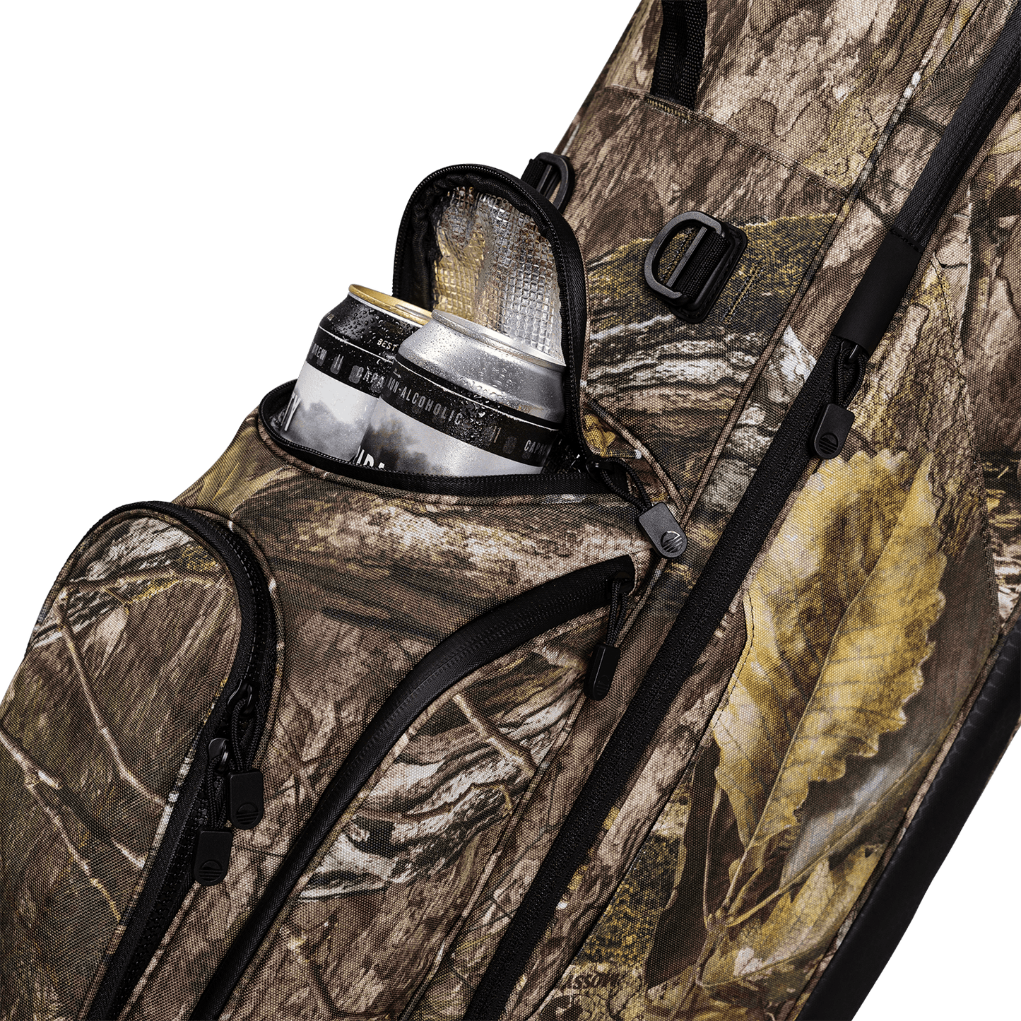 A close up shot of mossy oak country dna Ryder golf bag's frosty pocket with canned drinks inside