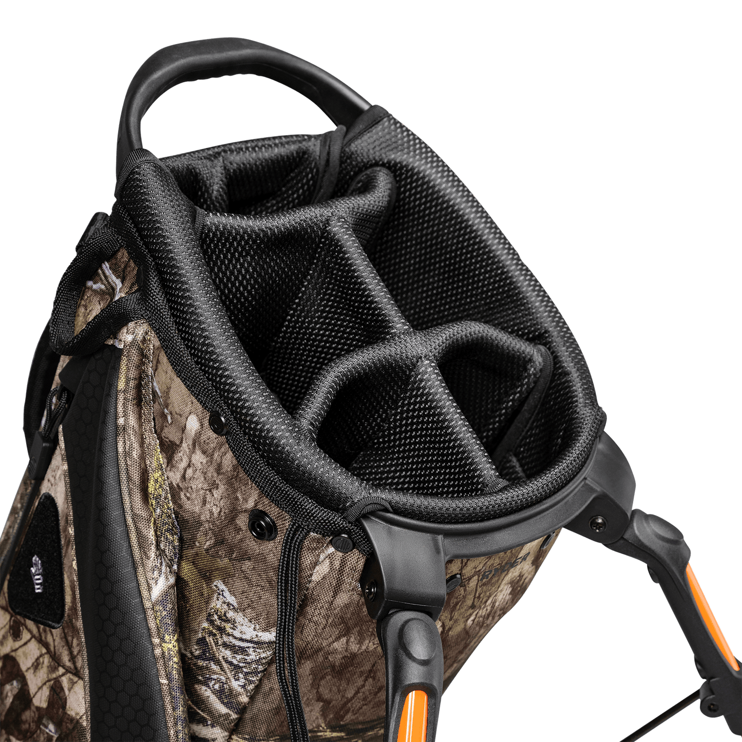 A close up top view of a mossy oak country dna Ryder golf bag’s 5-way divider