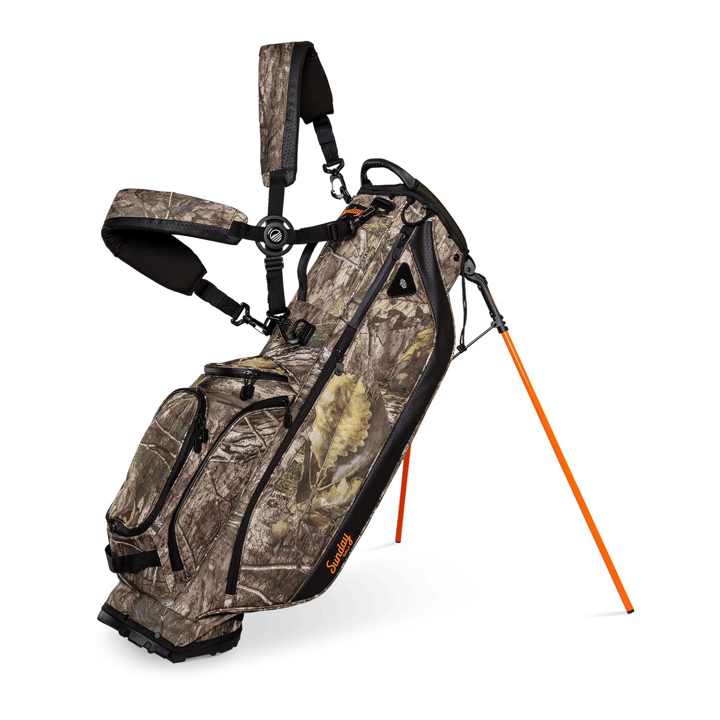 A full front shot of standing Ryder golf bag in mossy oak country dna with double strap
