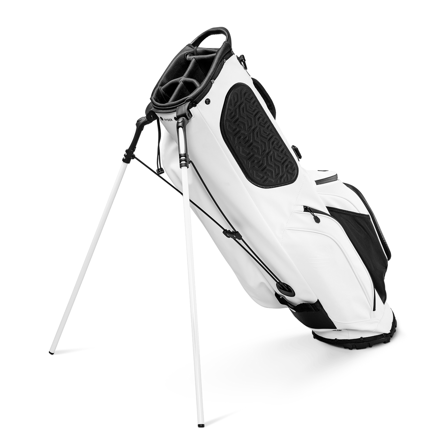 A full shot of standing Ryder S-Class golf bag in olive vegan leather facing backward