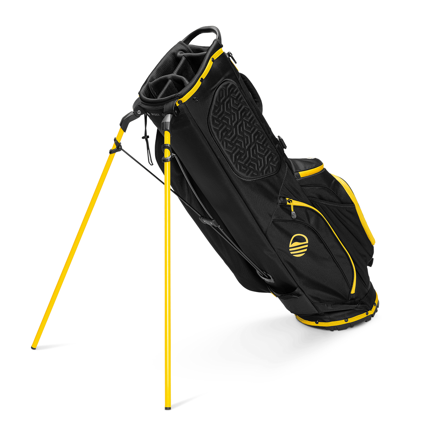 A full shot of standing Ryder golf bag in black & yellow facing backward