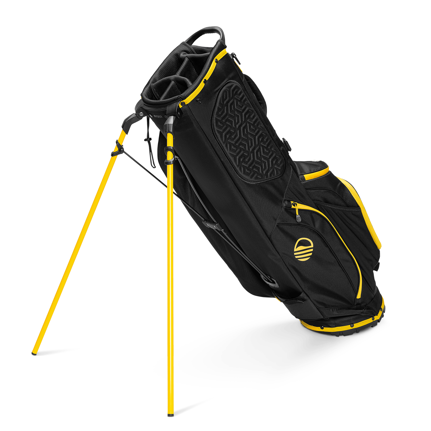 A full shot of standing Ryder golf bag in black & yellow facing backward