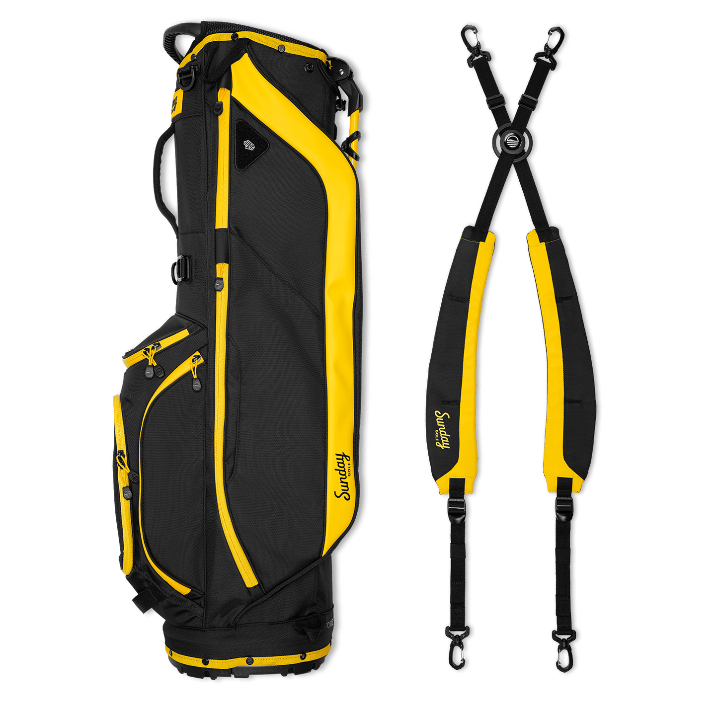 A full shot of Ryder golf bag in black & yellow laying flat sideways beside its double strap