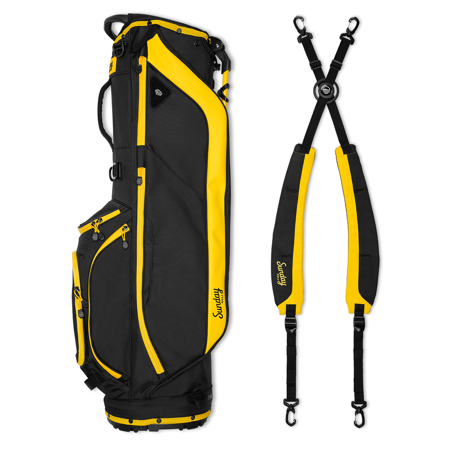 A full shot of Ryder golf bag in black & yellow laying flat sideways beside its double strap
