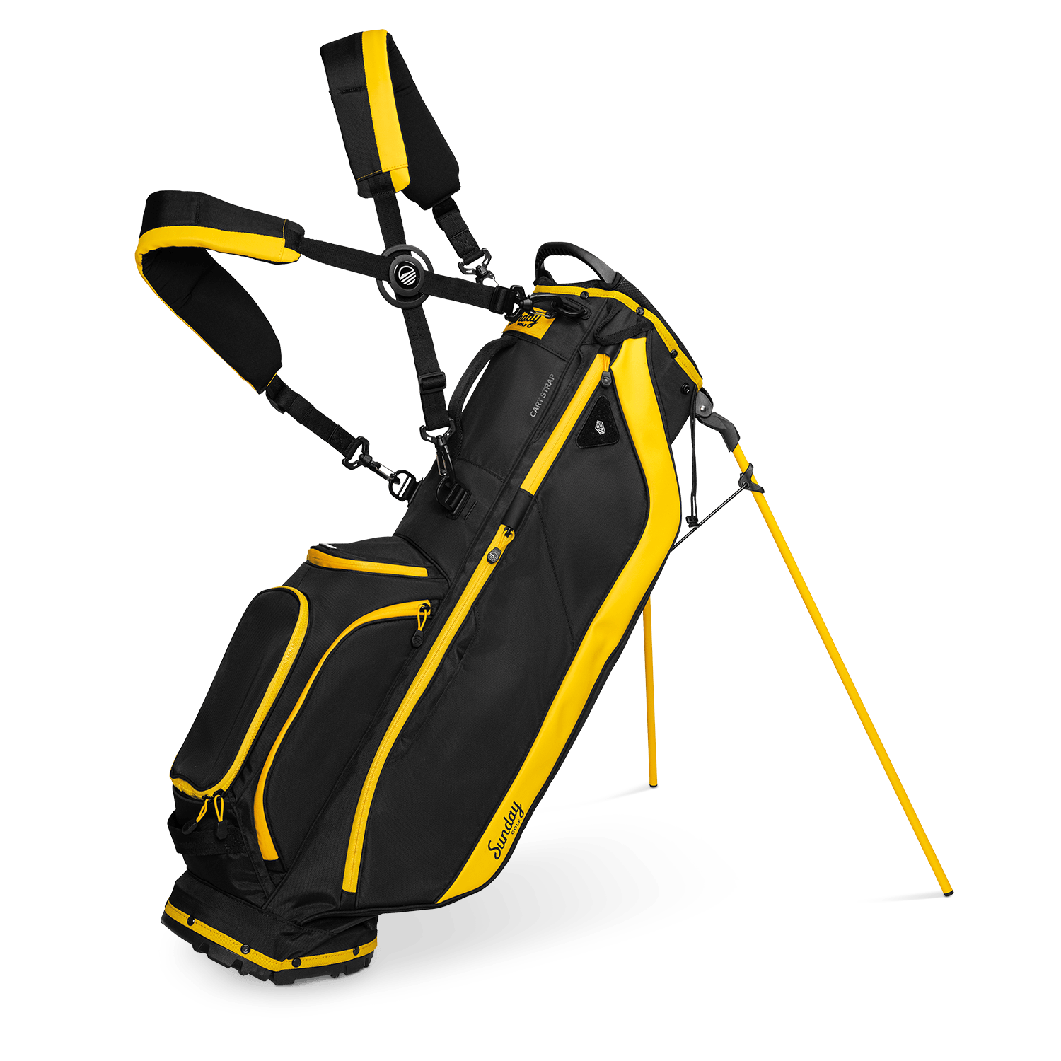 A full front shot of standing Ryder golf bag in black & yellow with double strap