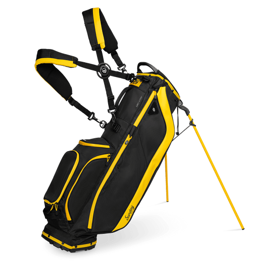 A full front shot of standing Ryder golf bag in black & yellow with double strap